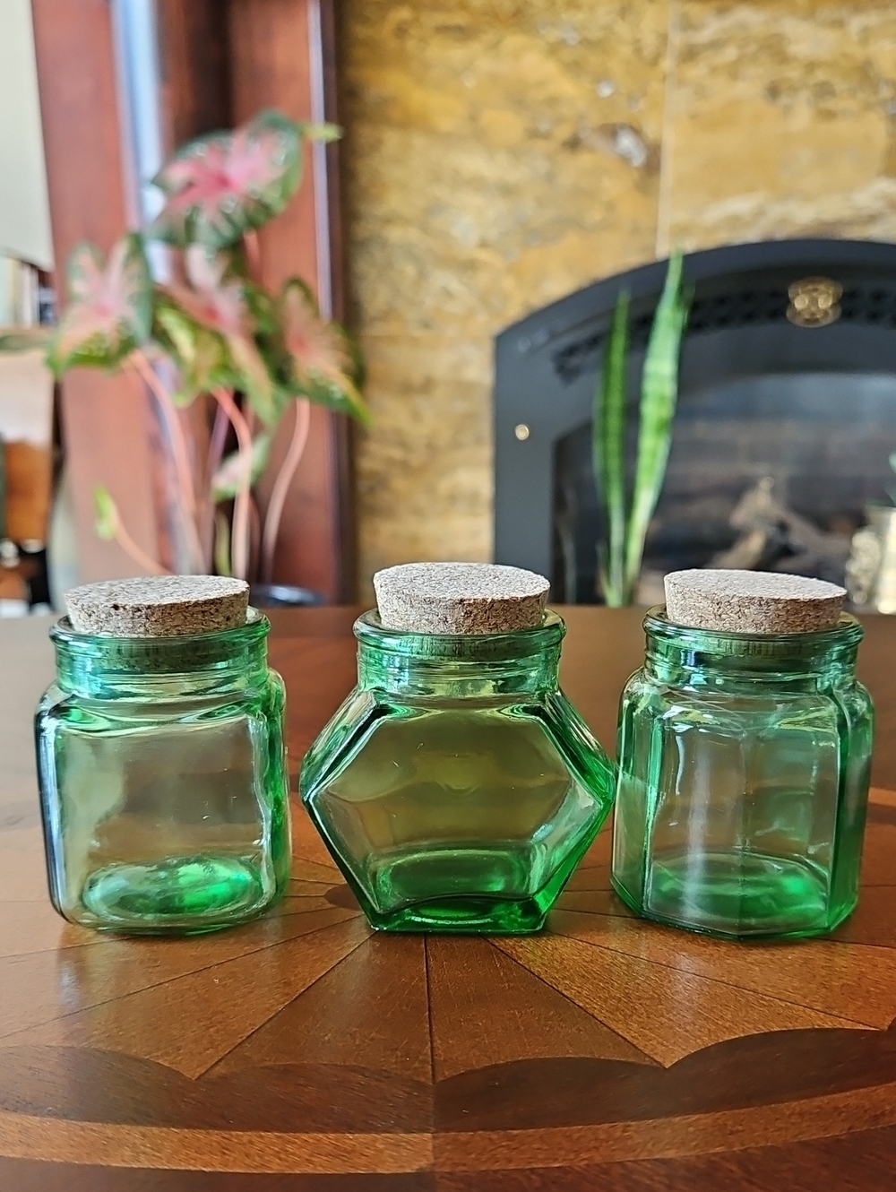 Vintage 1970s Emerald Green Mini Apothecary Glass Spice Jars Set of 3 with Corks